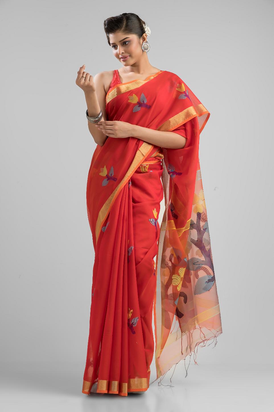 Red Silk Cotton Buti Work Saree