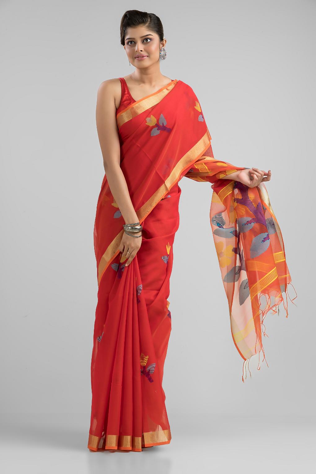 Red Silk Cotton Buti Work Saree