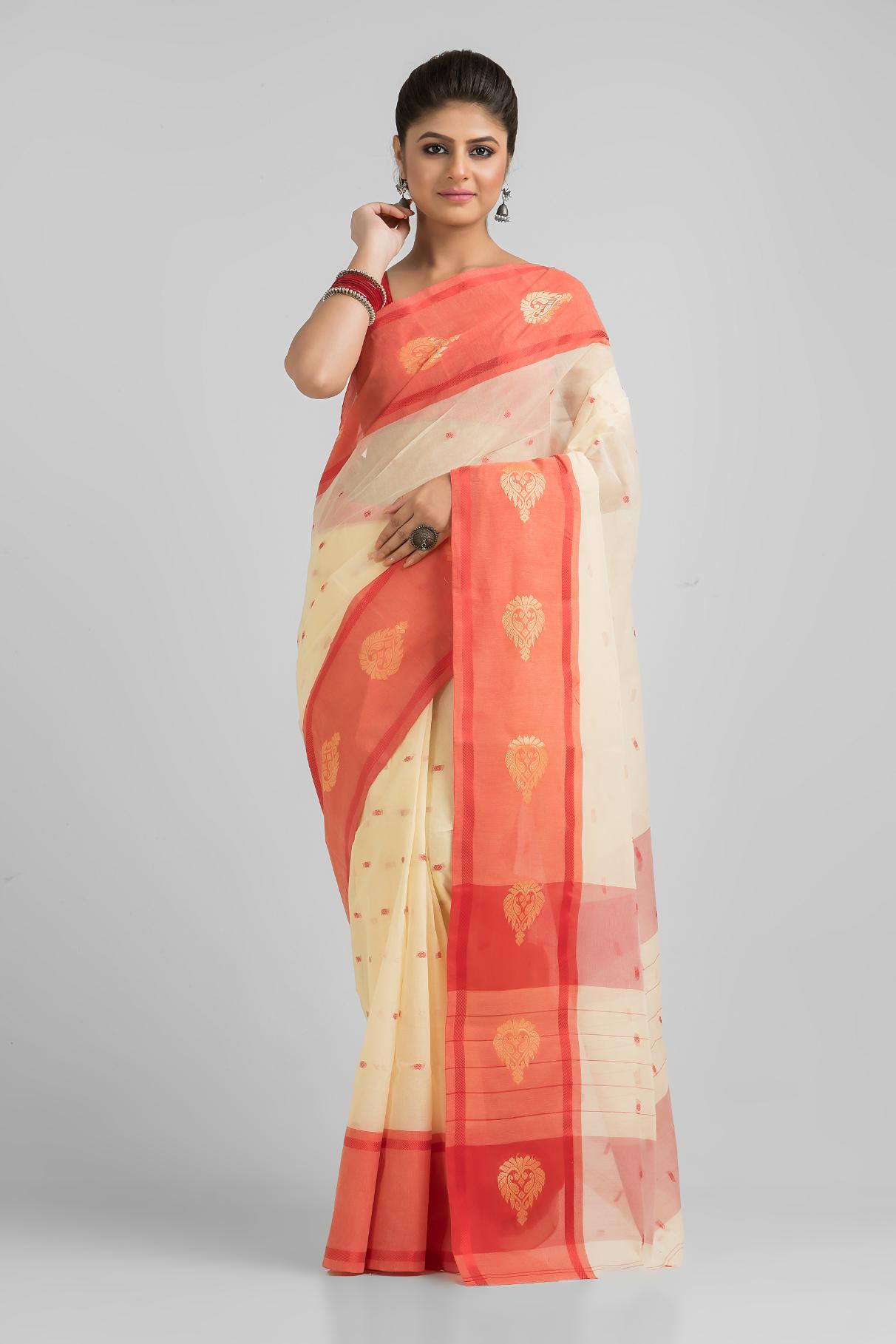 Off White   Pure Cotton Handloom Tant  Saree