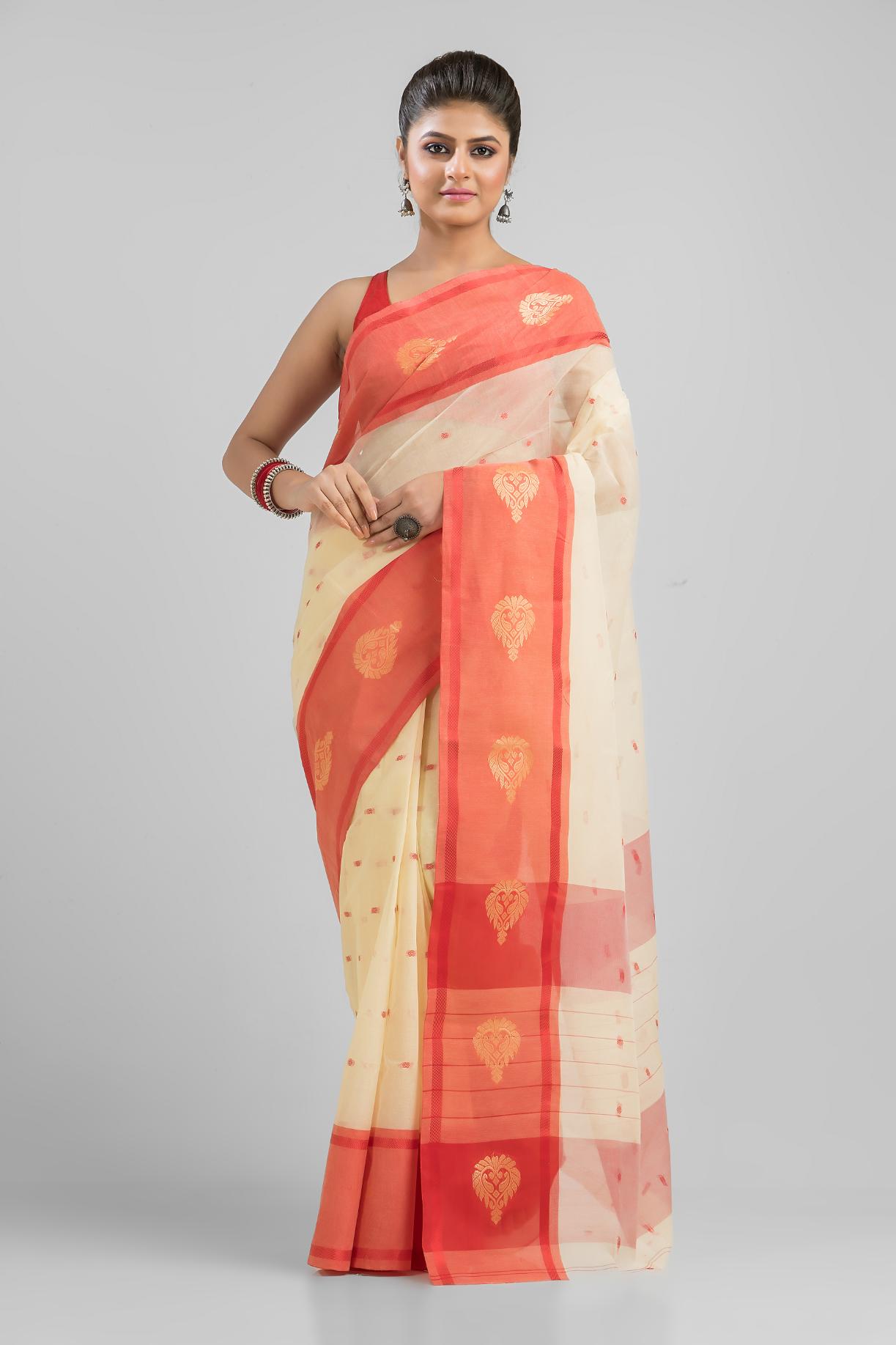 Off White   Pure Cotton Handloom Tant  Saree