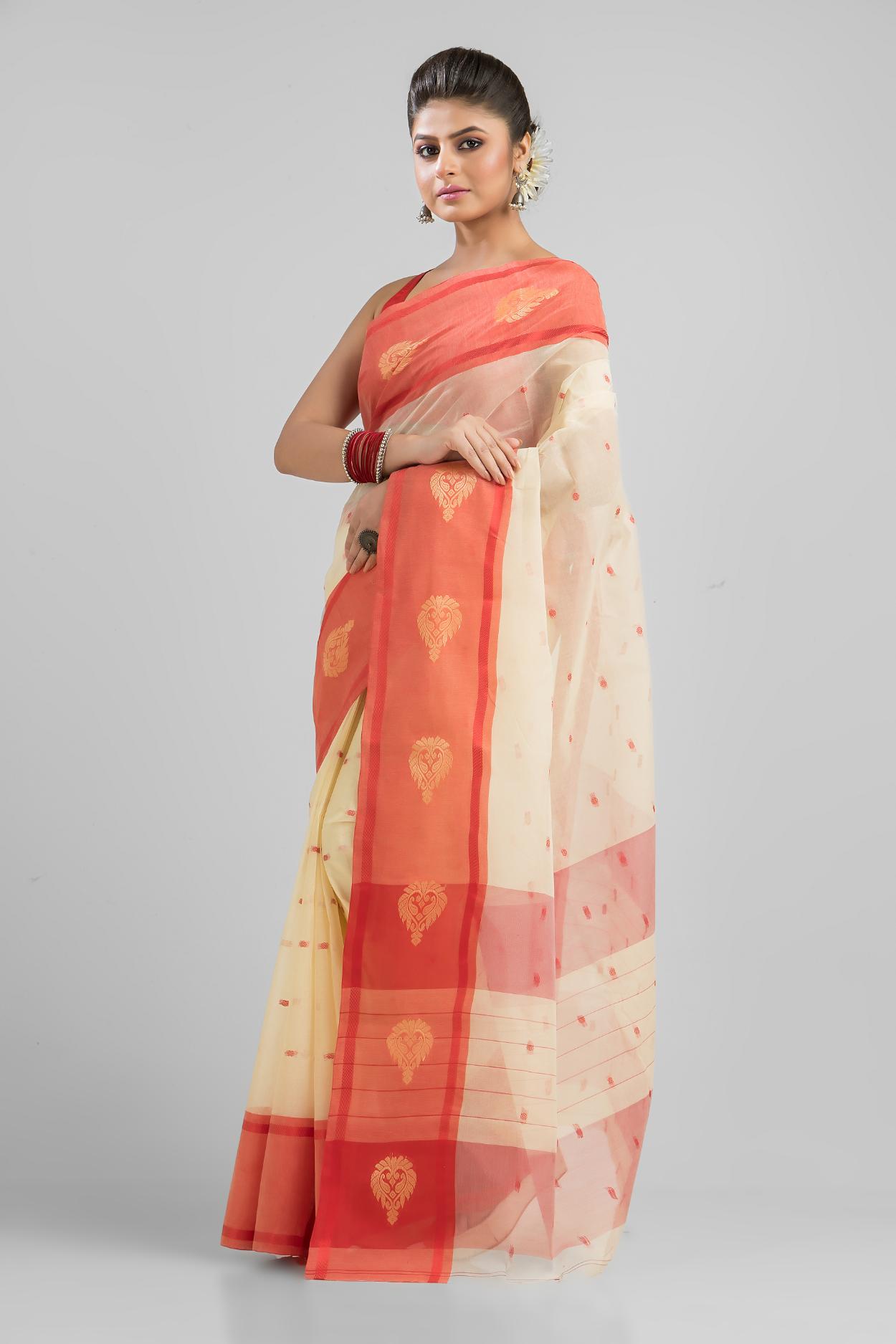 Off White   Pure Cotton Handloom Tant  Saree