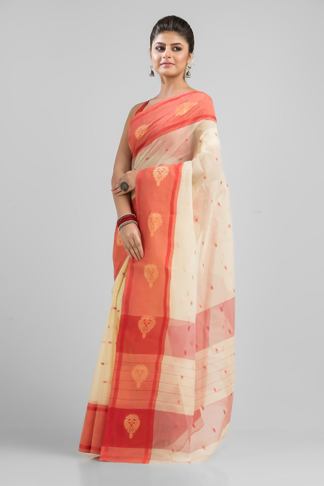 Off White   Pure Cotton Handloom Tant  Saree