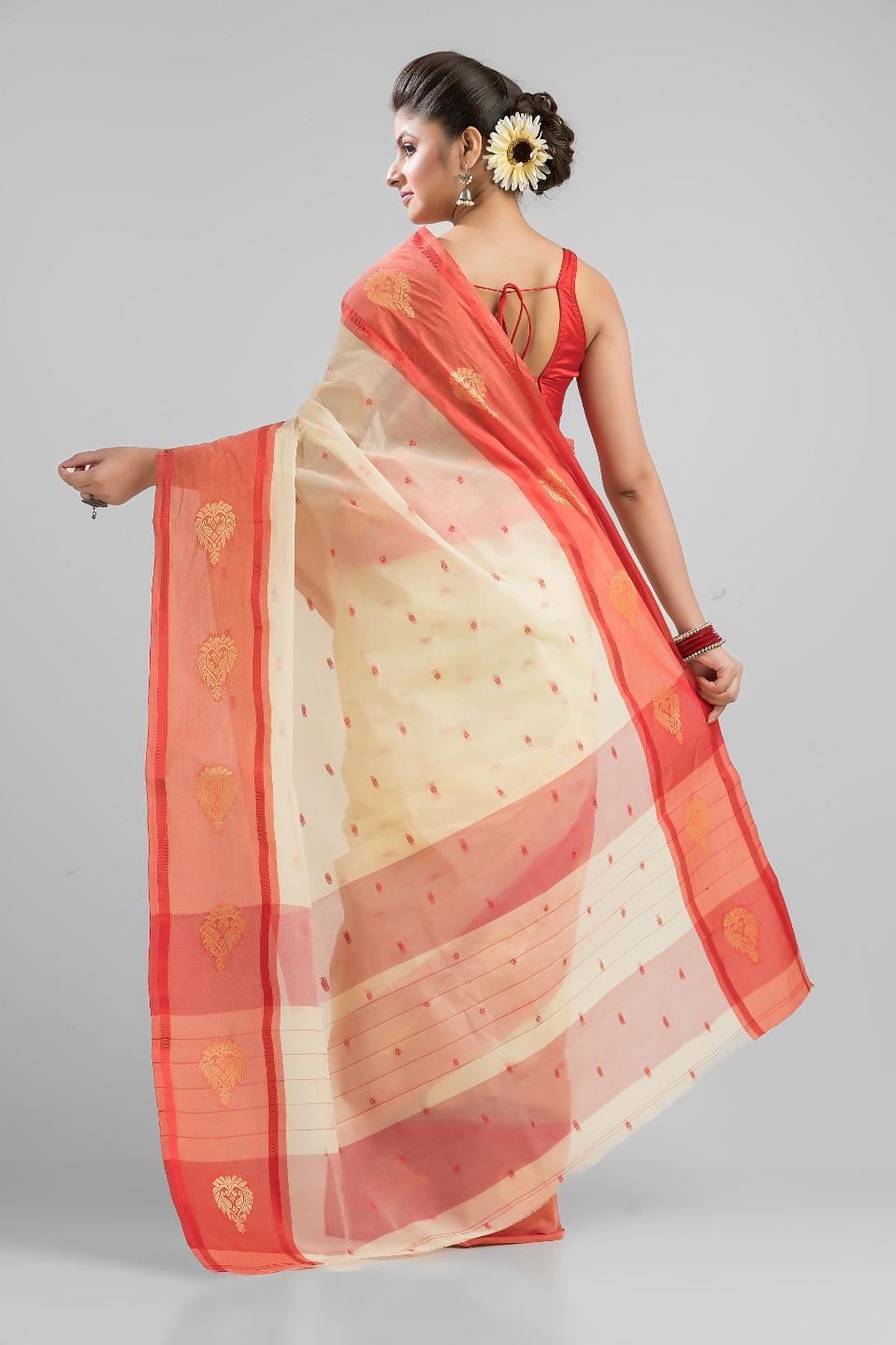 Off White   Pure Cotton Handloom Tant  Saree