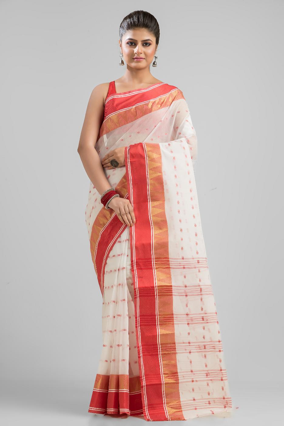 White   Pure Cotton Handloom Tant  Saree