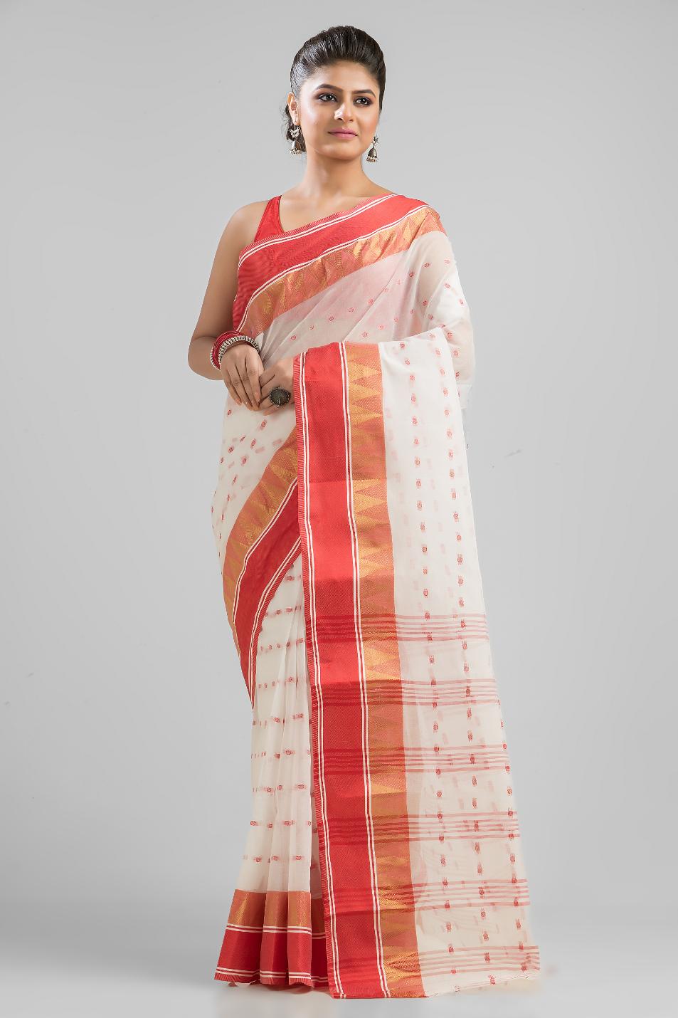 White   Pure Cotton Handloom Tant  Saree