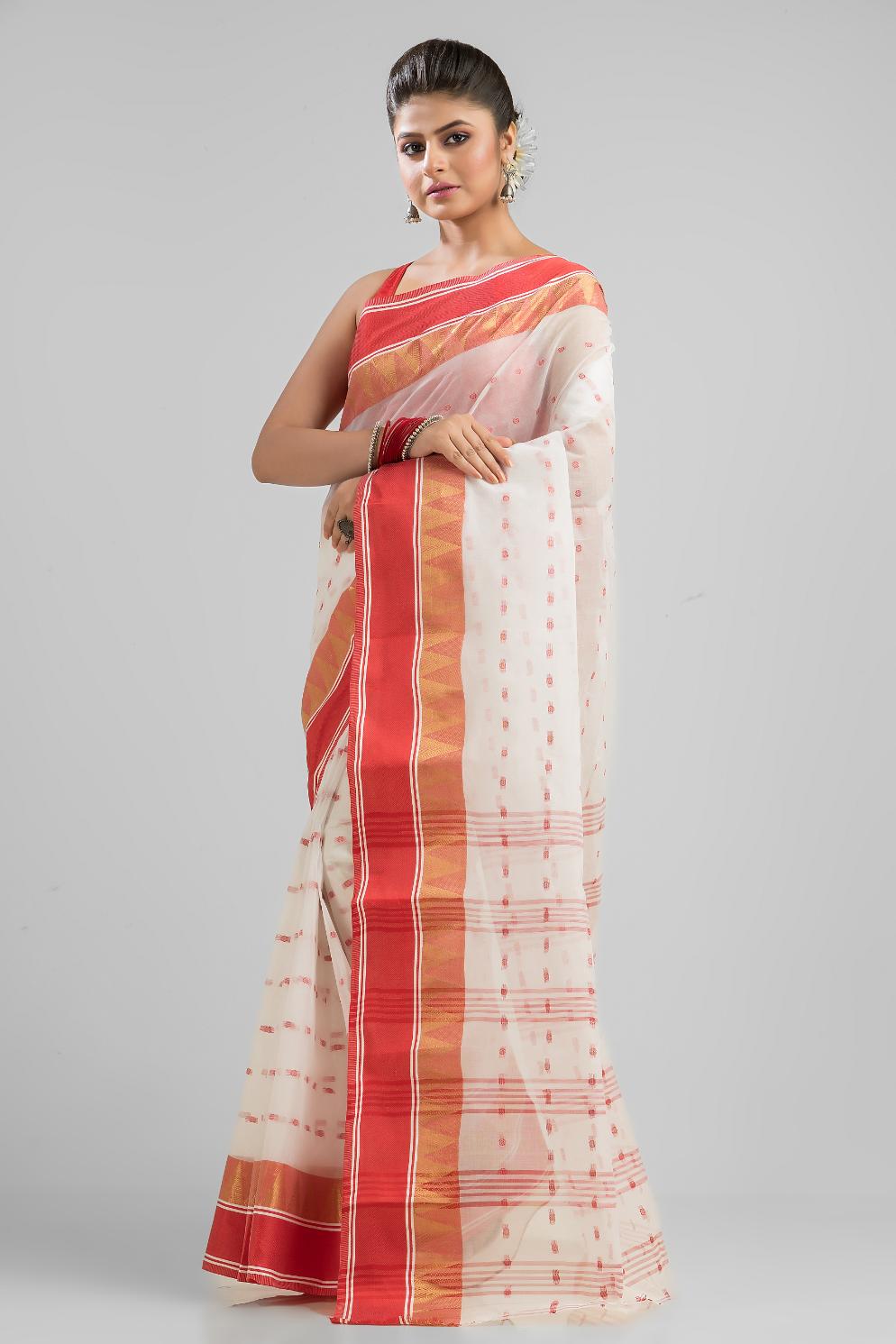 White   Pure Cotton Handloom Tant  Saree