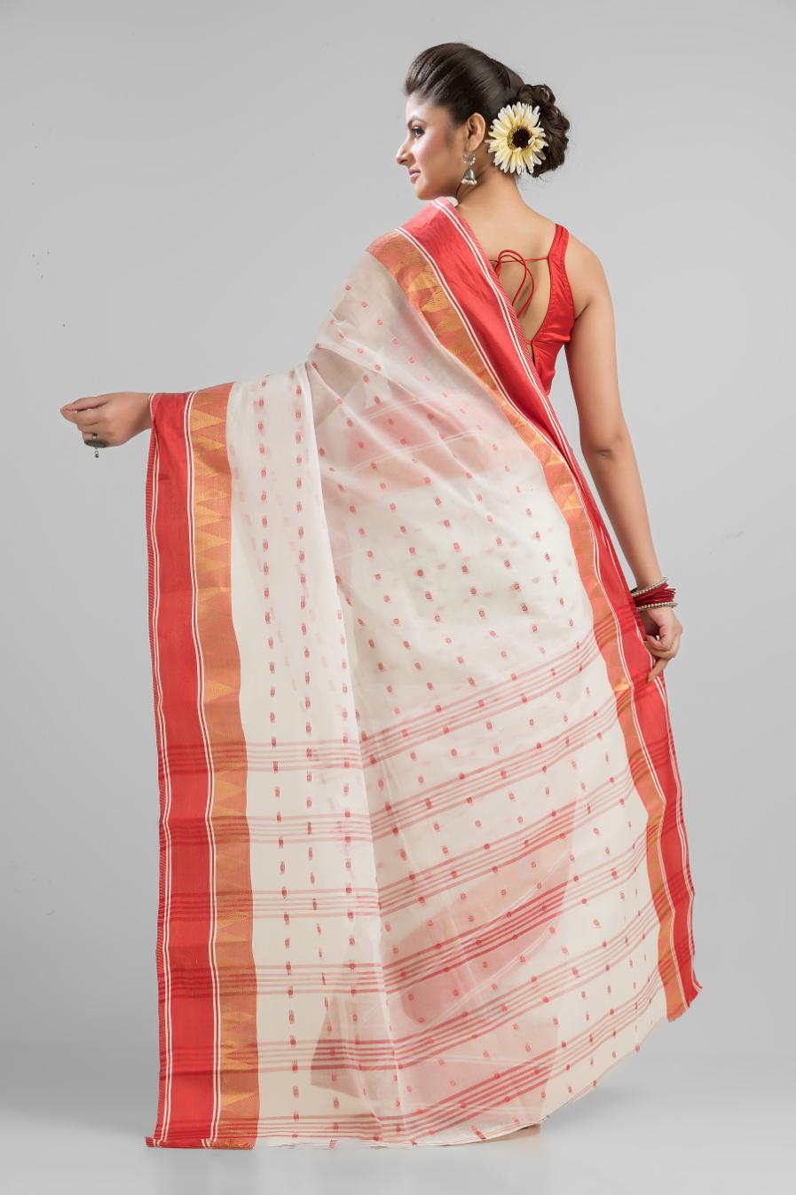 White   Pure Cotton Handloom Tant  Saree