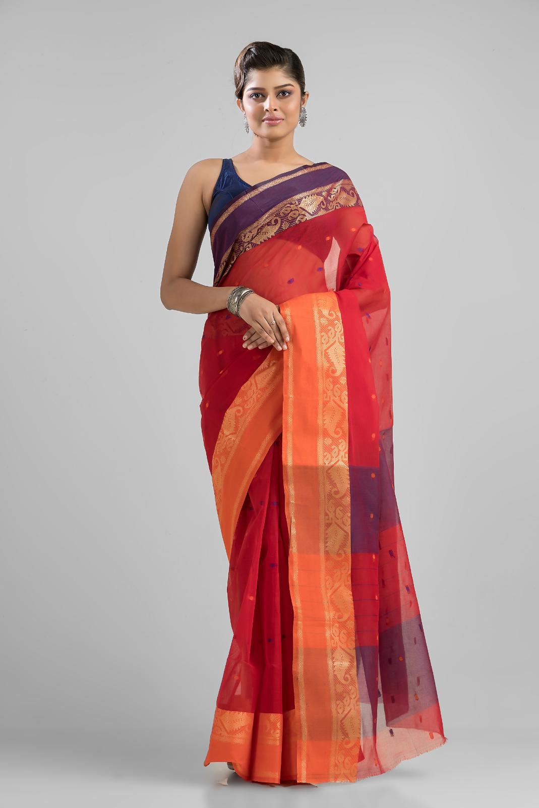 Red  Pure Cotton Handloom Tant  Saree