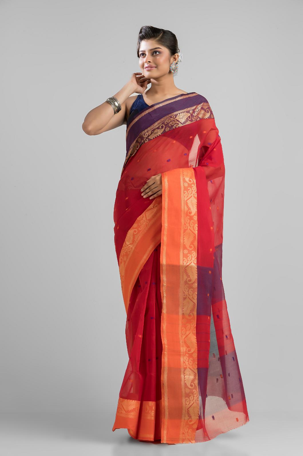 Red  Pure Cotton Handloom Tant  Saree