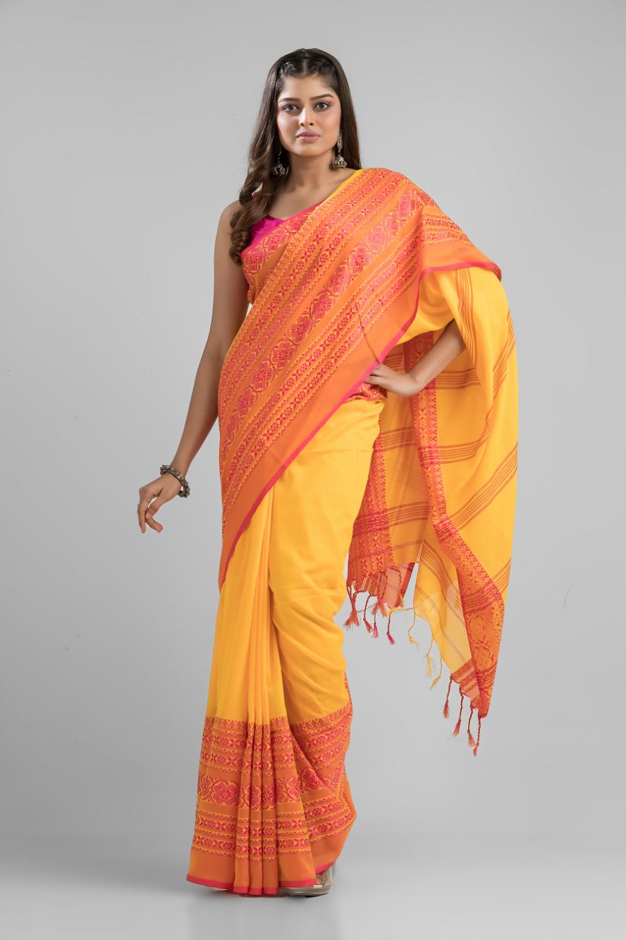 Yellow  Pure Cotton Handloom Begampuri Saree