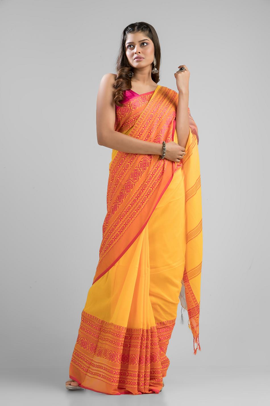 Yellow  Pure Cotton Handloom Begampuri Saree