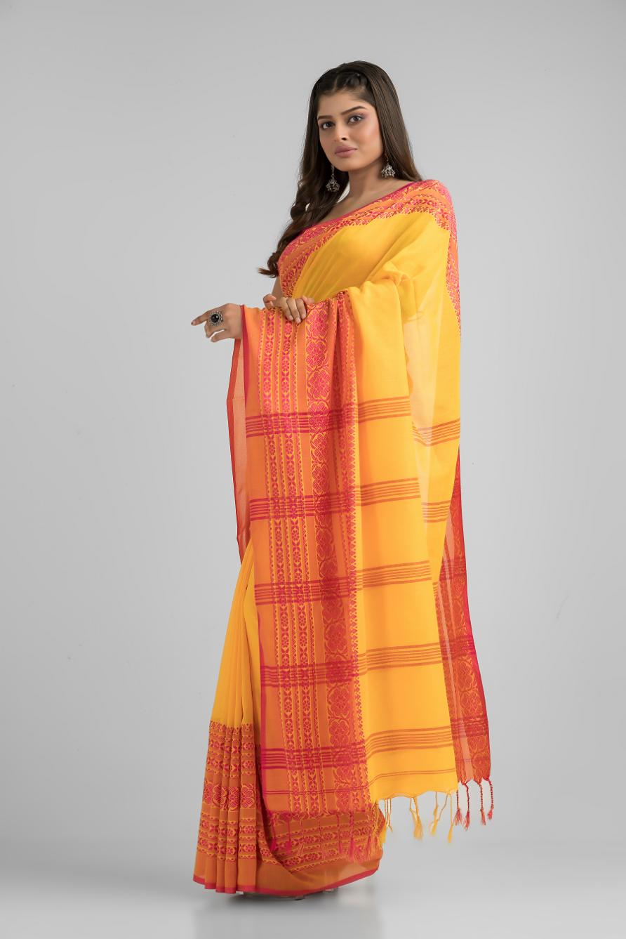 Yellow  Pure Cotton Handloom Begampuri Saree