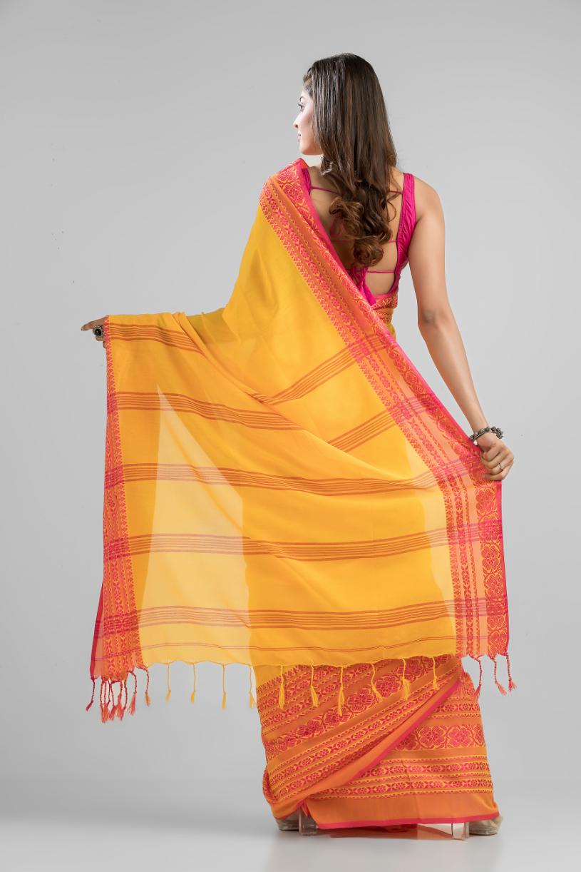 Yellow  Pure Cotton Handloom Begampuri Saree