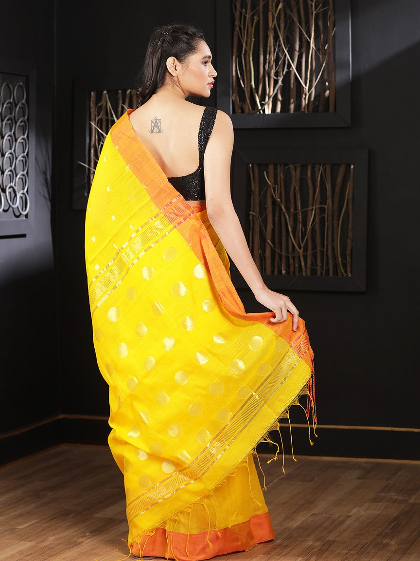 Yellow Hand woven Blended Cotton Saree With Zari Butta