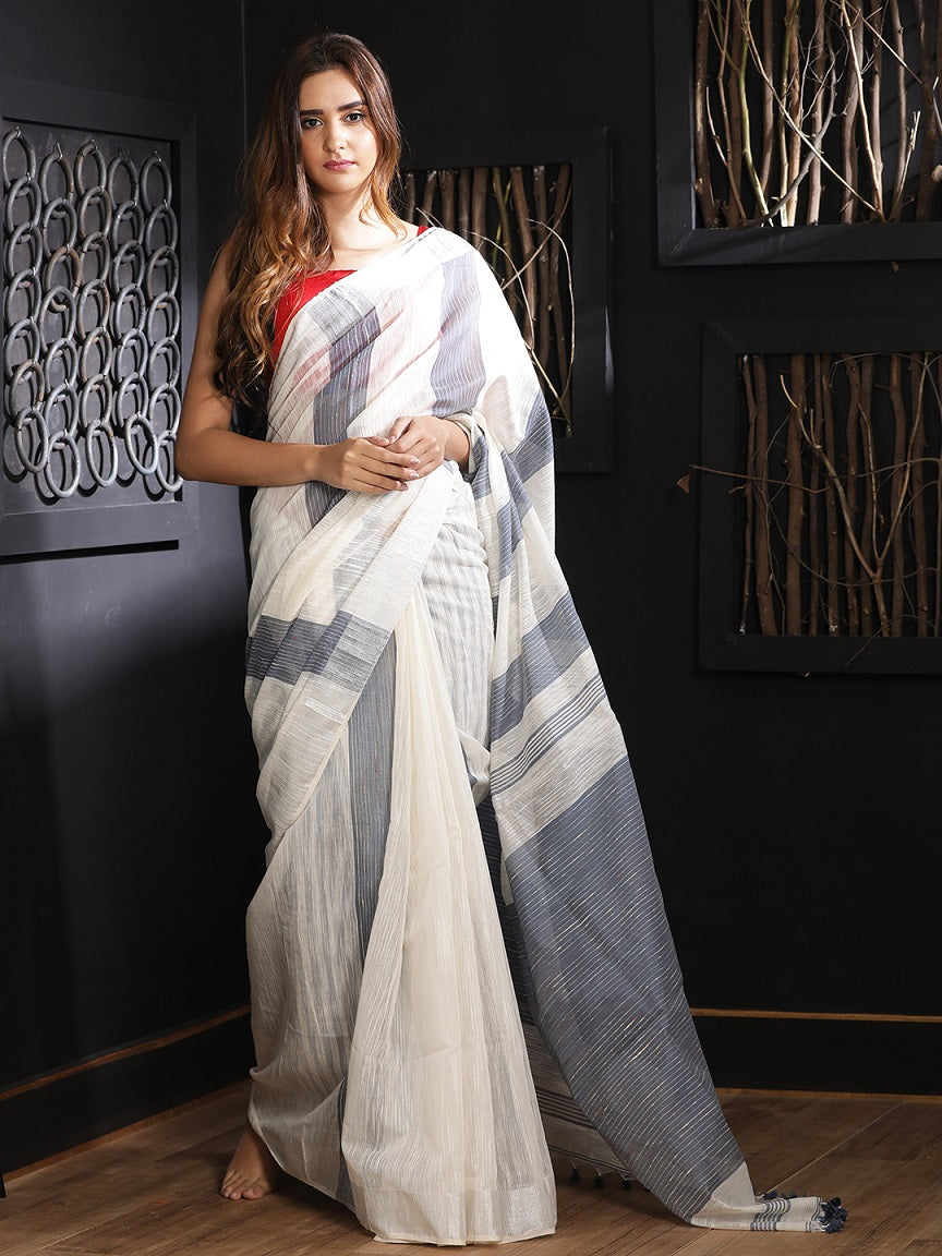 White Hand woven Blended Cotton Saree With Grey Stripes