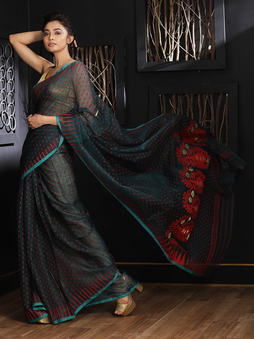 Dark Grey Hand woven Jamdani Saree With Red Butta