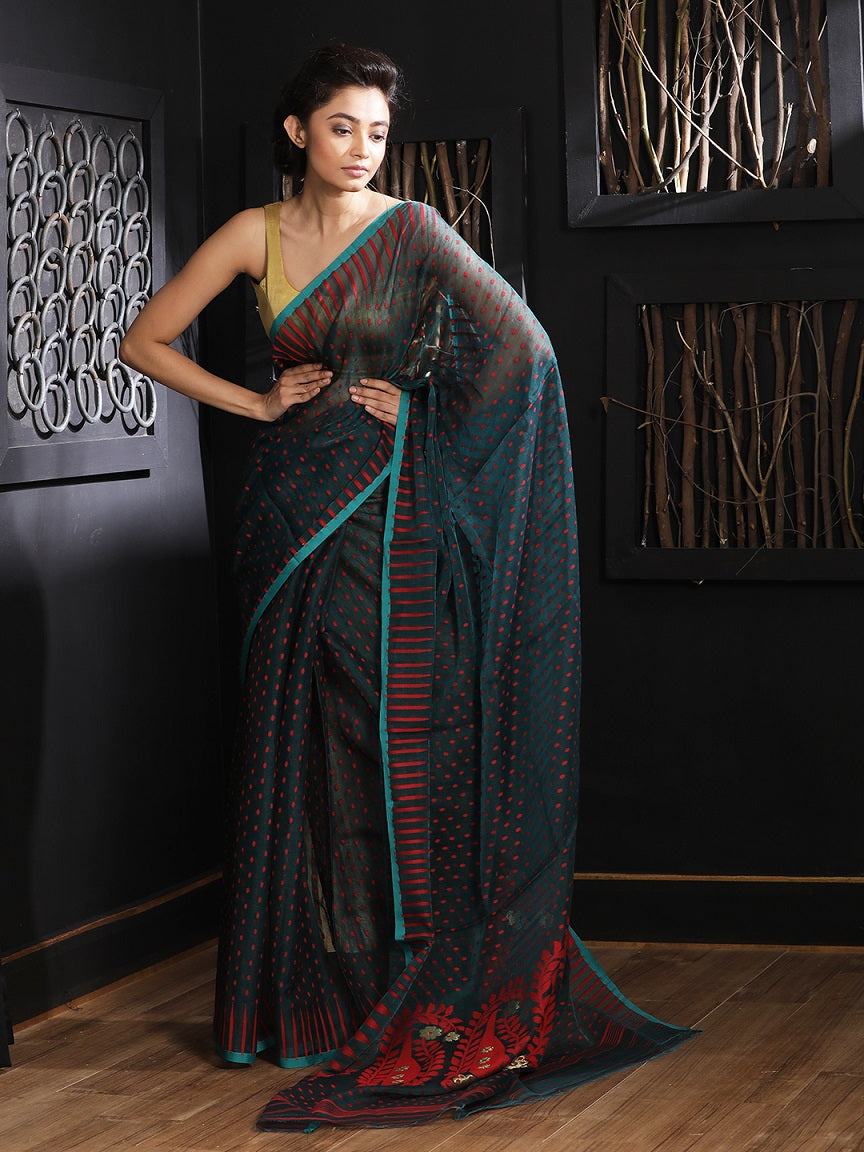 Dark Grey Hand woven Jamdani Saree With Red Butta