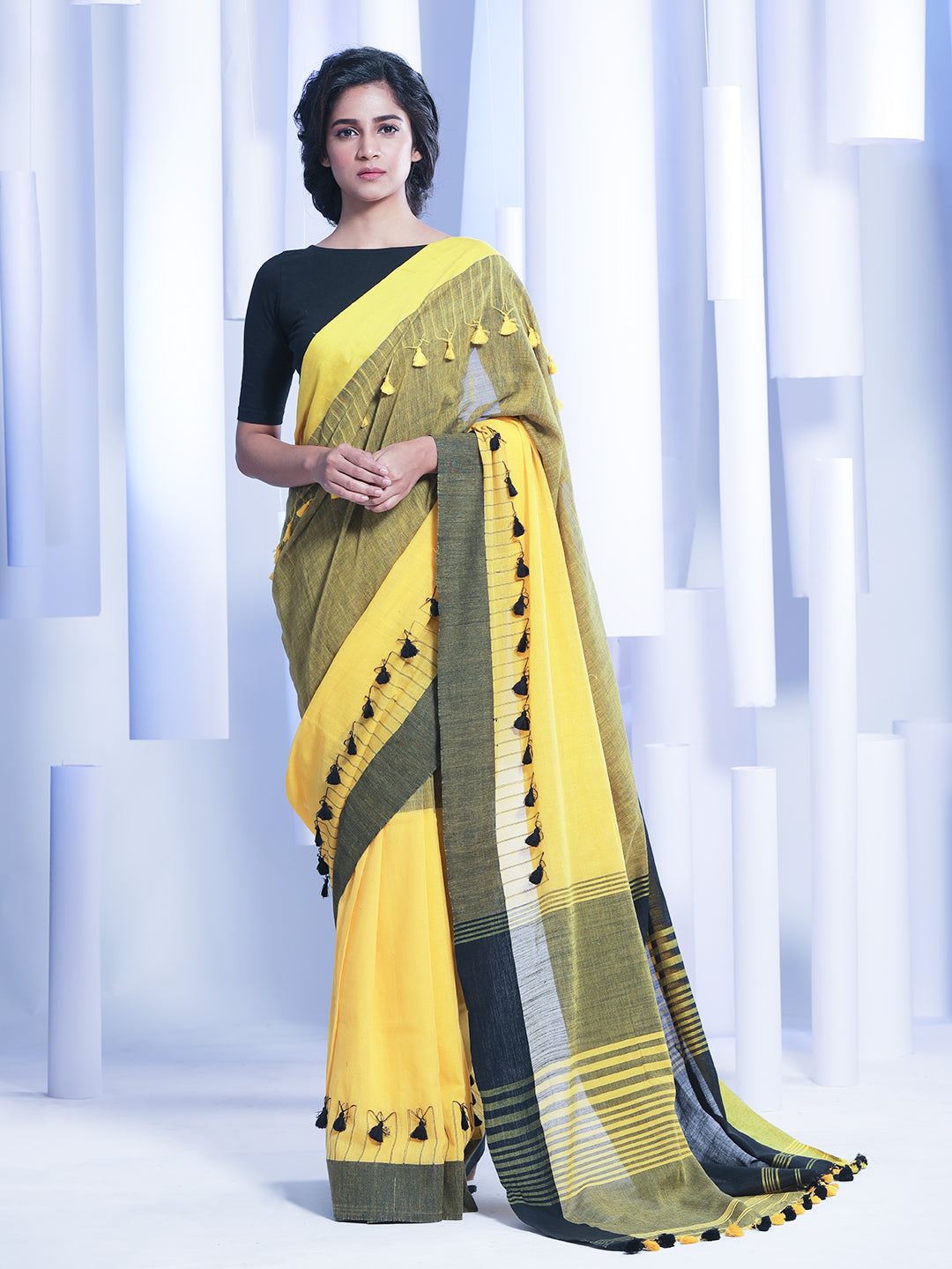 Yellow & Black Hand woven Pure Cotton Saree With Pompom