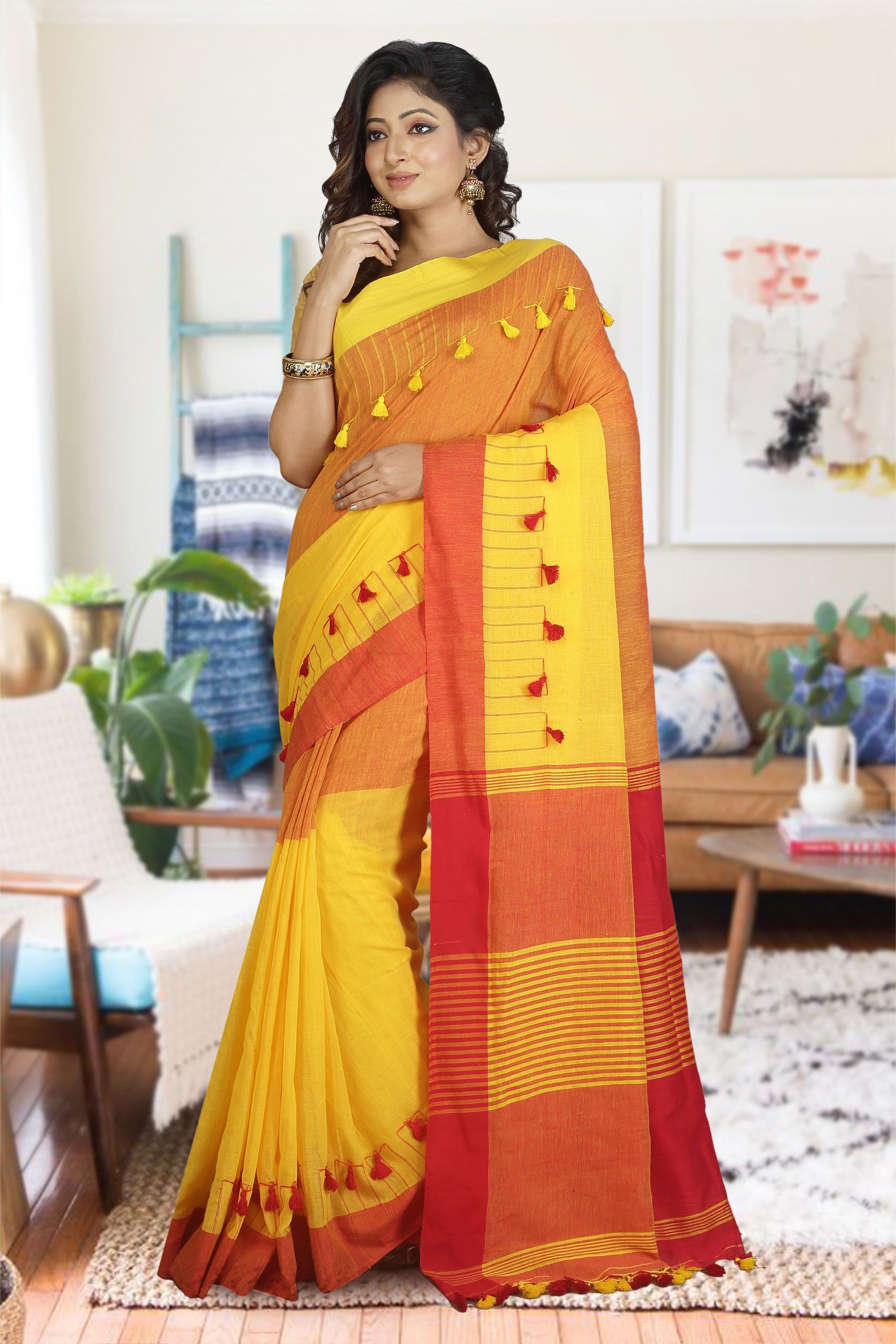 Yellow, Red & Orange Hand Woven Pure Cotton Saree