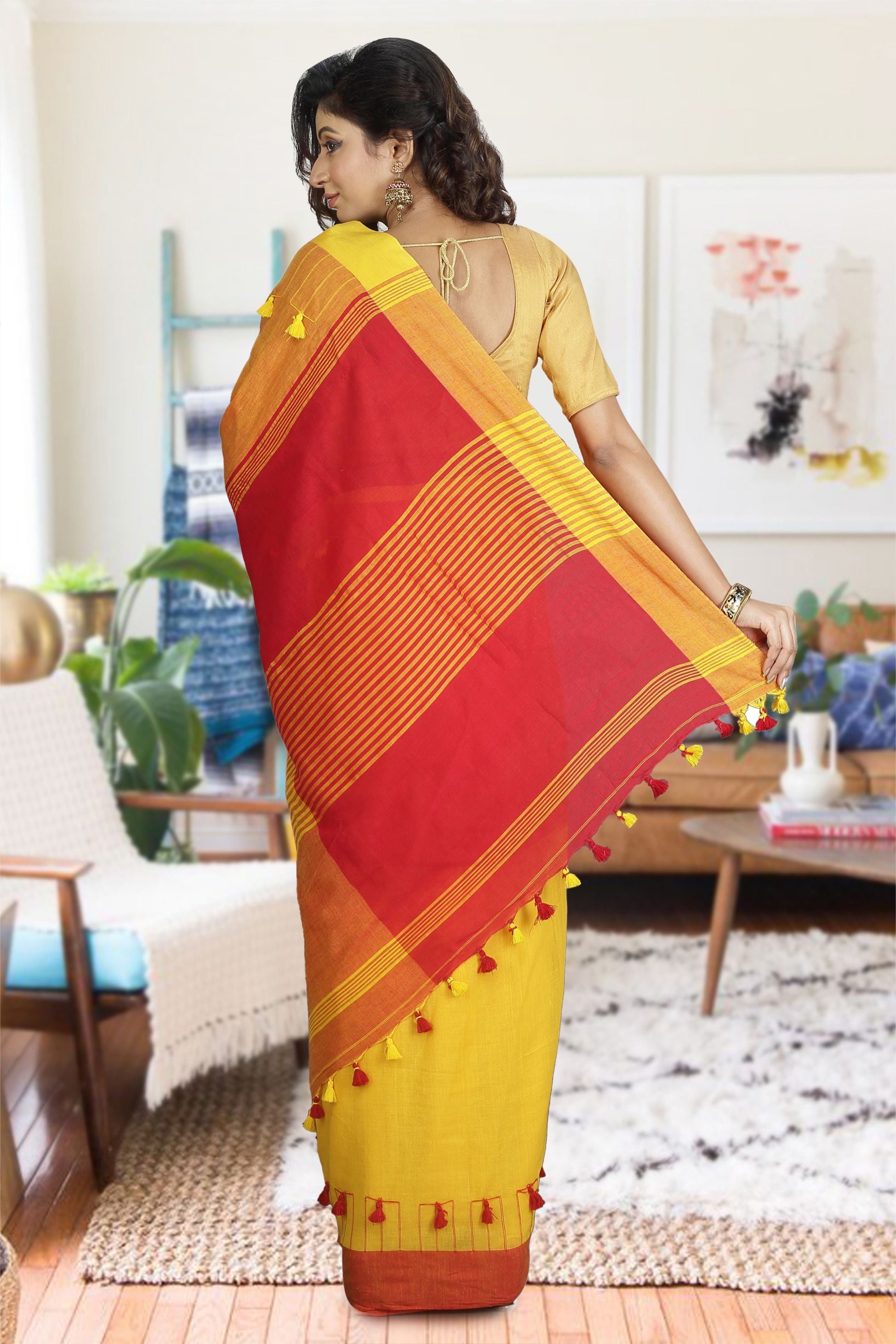 Yellow, Red & Orange Hand Woven Pure Cotton Saree