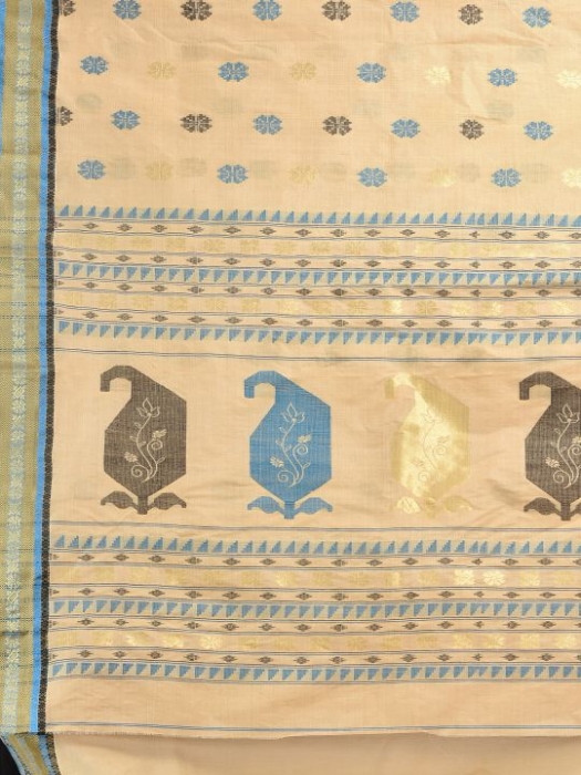 Beige with Blue Tusser Cotton fine quality Hand woven saree 2