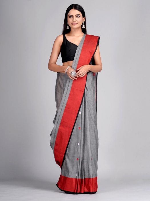 Ash & Red  Cotton Handwoven Saree with thread work 0
