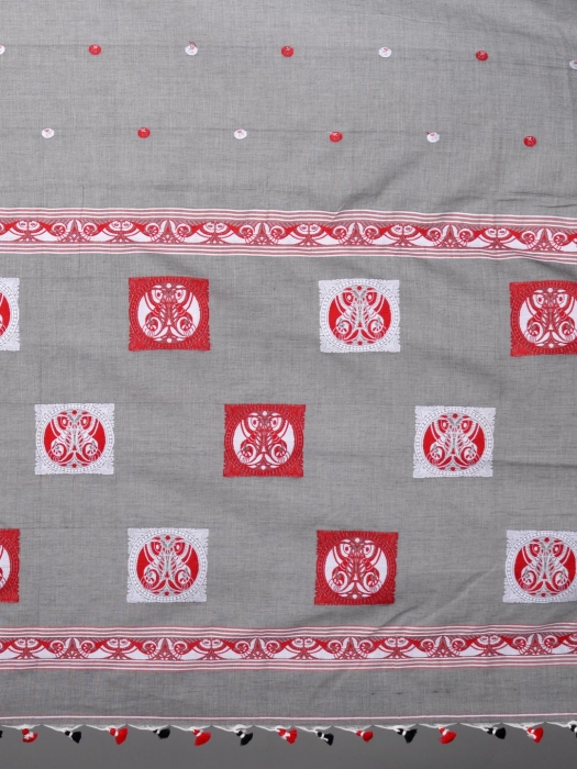 Ash & Red  Cotton Handwoven Saree with thread work 2