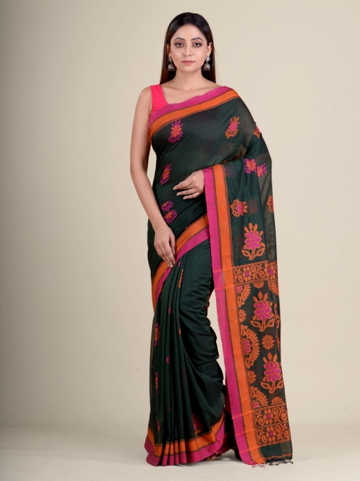 Green soft Cotton handwoven saree with floral design