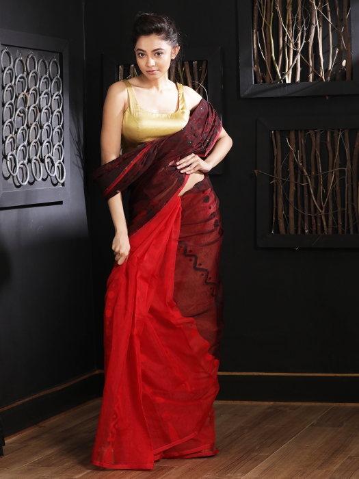Black & Red Hand woven Jamdani Saree With Thread Work