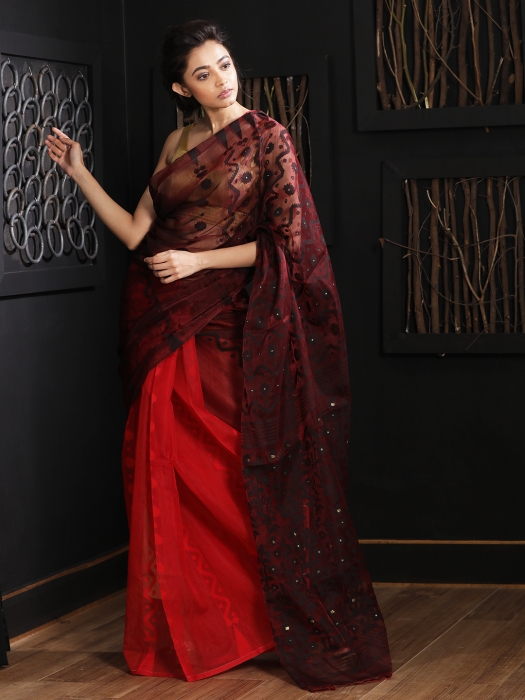 Black & Red Hand woven Jamdani Saree With Thread Work 0