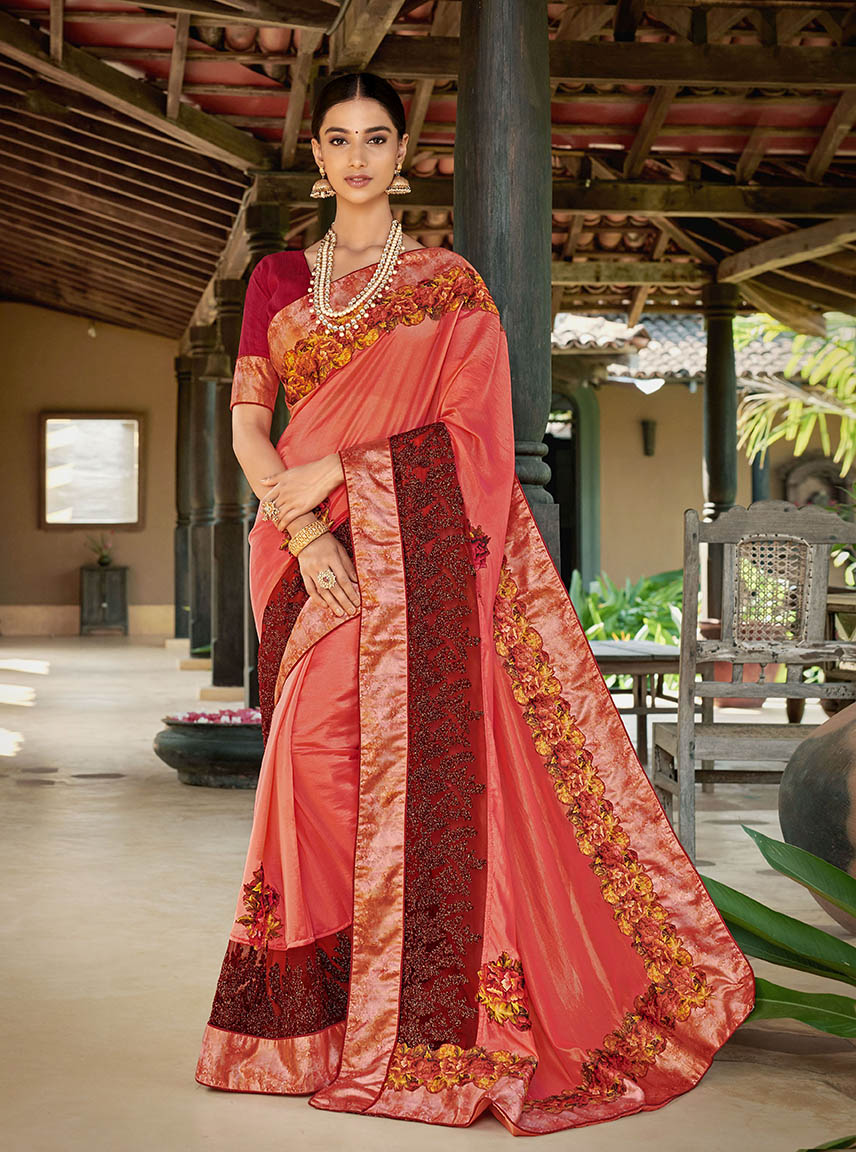 Designer Saree In Red And Orange Color Paired With Brown Colored Blouse