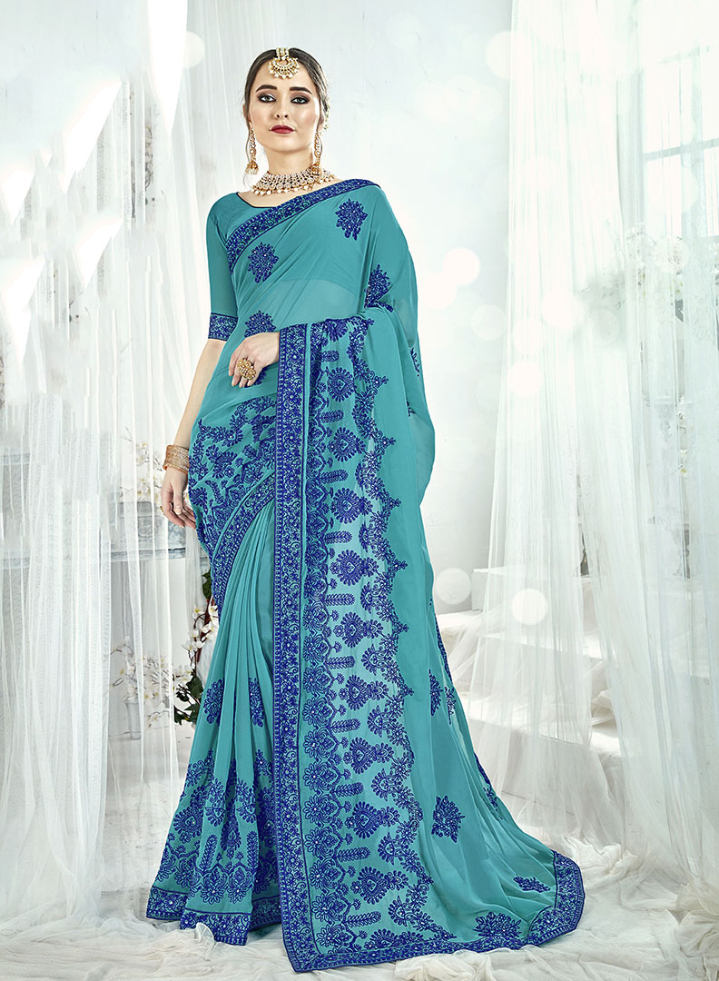 Fancy Georgette Saree In Turquoise Blue Color Paired With Turquoise ...