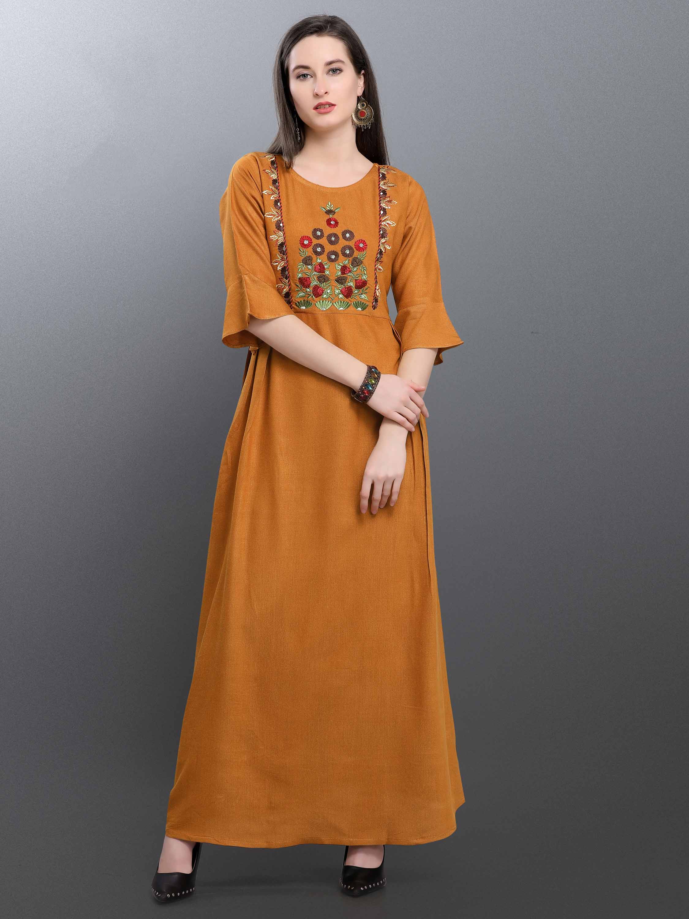 Designer Readymade Long Kurti In Musturd Yellow Color Fabricated On ...