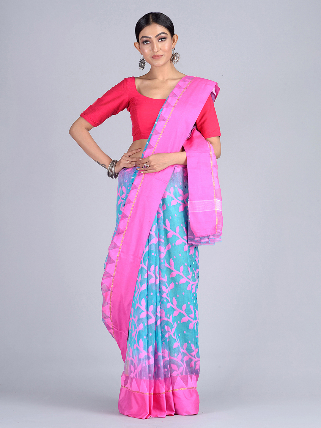Blue & Pink Handloom Jamdani Saree