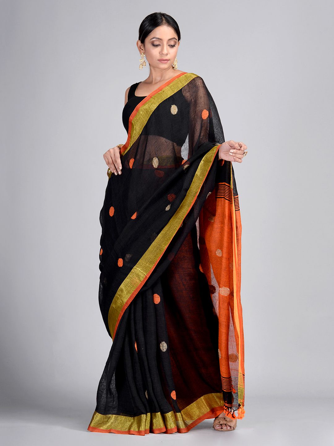 Pure Linen Hand Woven Saree With Blouse Fabric