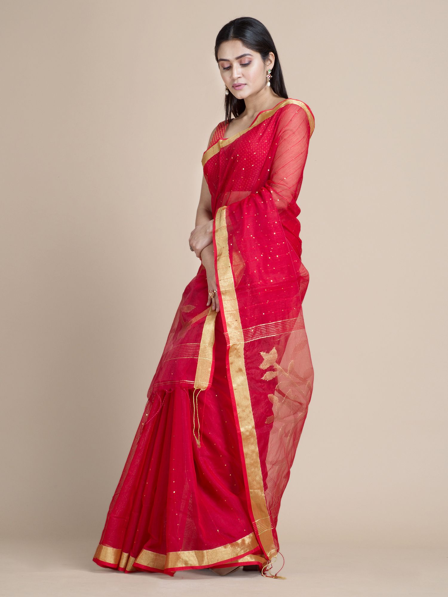 Red Blended Cotton Saree With Sequins