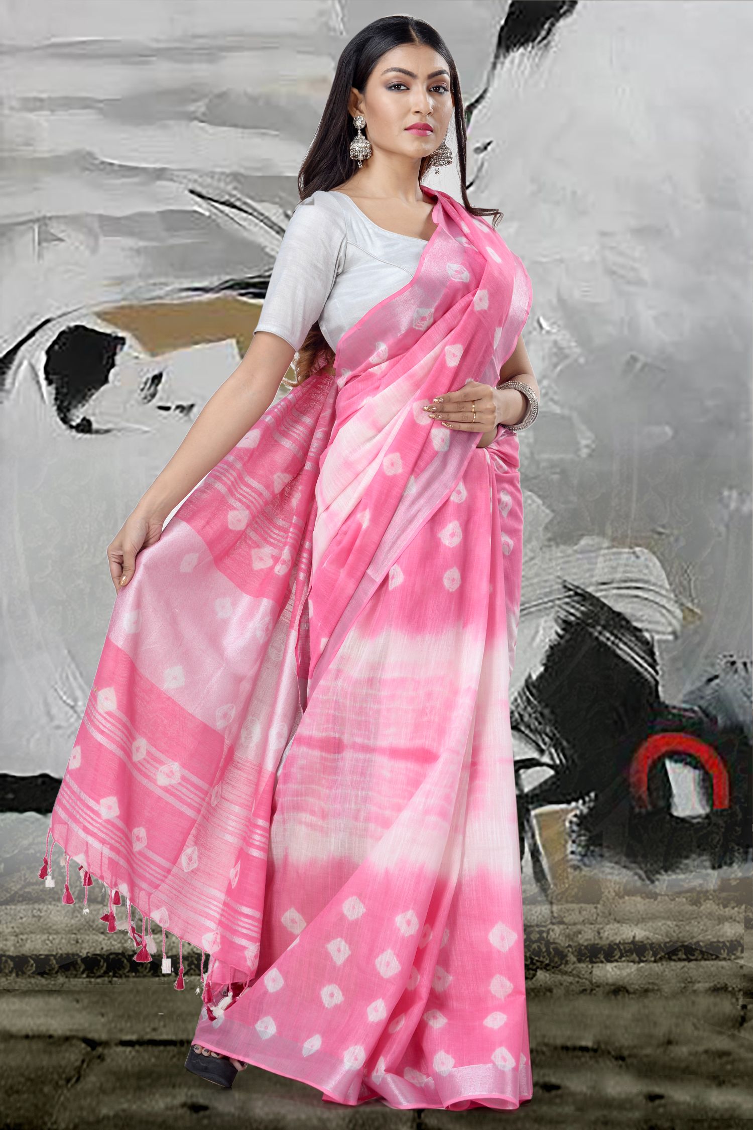 Pink Hand Dyed Linen Saree With Zari